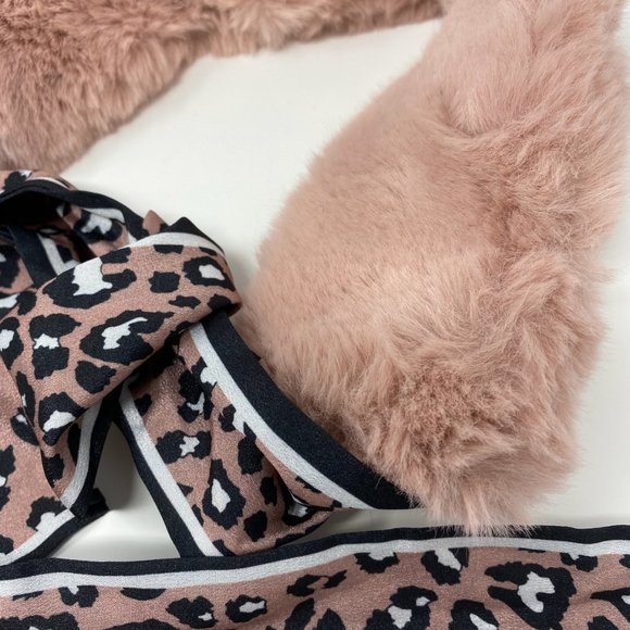 Women Scarf Bow Tie Warm Plush Fur Gold Leopard - Picture 4 of 5